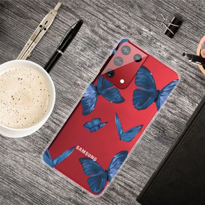 Case Hoesje Samsung Galaxy S21 Ultra 5G Donkerblauw Roze Telefoonhoesje Wilde Vlinders