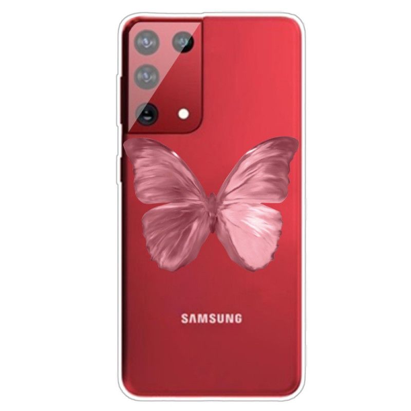 Case Hoesje Samsung Galaxy S21 Ultra 5G Donkerblauw Roze Telefoonhoesje Wilde Vlinders