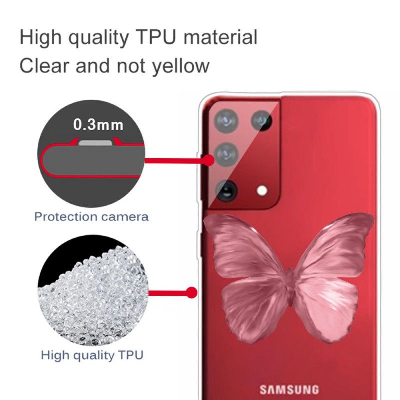 Case Hoesje Samsung Galaxy S21 Ultra 5G Donkerblauw Roze Telefoonhoesje Wilde Vlinders