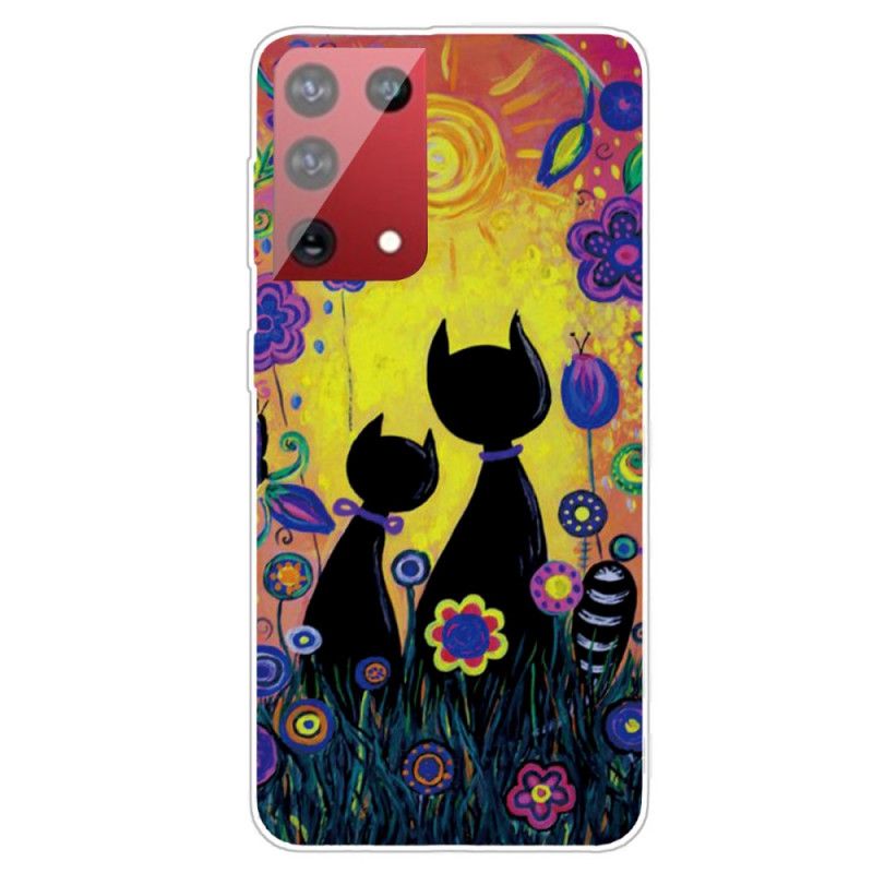 Case Hoesje Samsung Galaxy S21 Ultra 5G Lichtblauw Geel Telefoonhoesje Tekenfilmkat