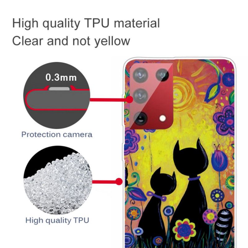 Case Hoesje Samsung Galaxy S21 Ultra 5G Lichtblauw Geel Telefoonhoesje Tekenfilmkat