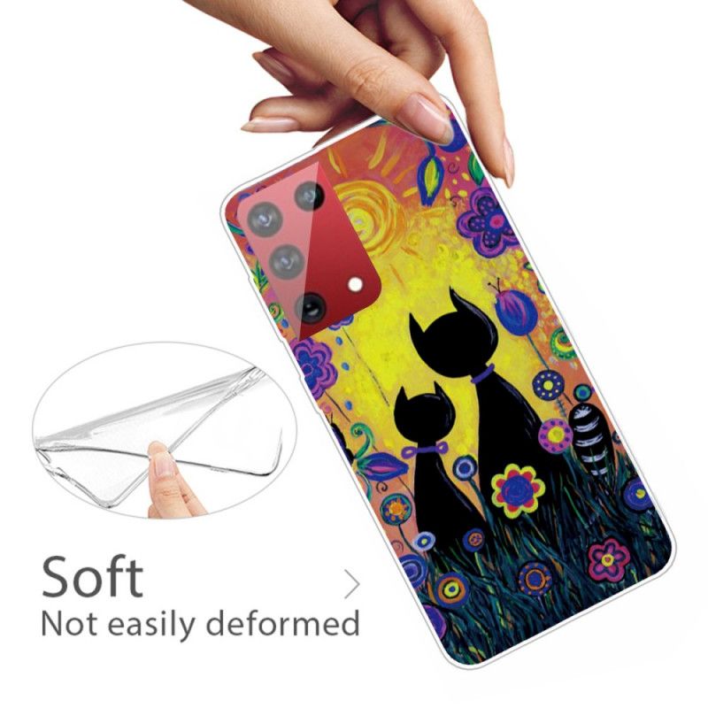 Case Hoesje Samsung Galaxy S21 Ultra 5G Lichtblauw Geel Telefoonhoesje Tekenfilmkat