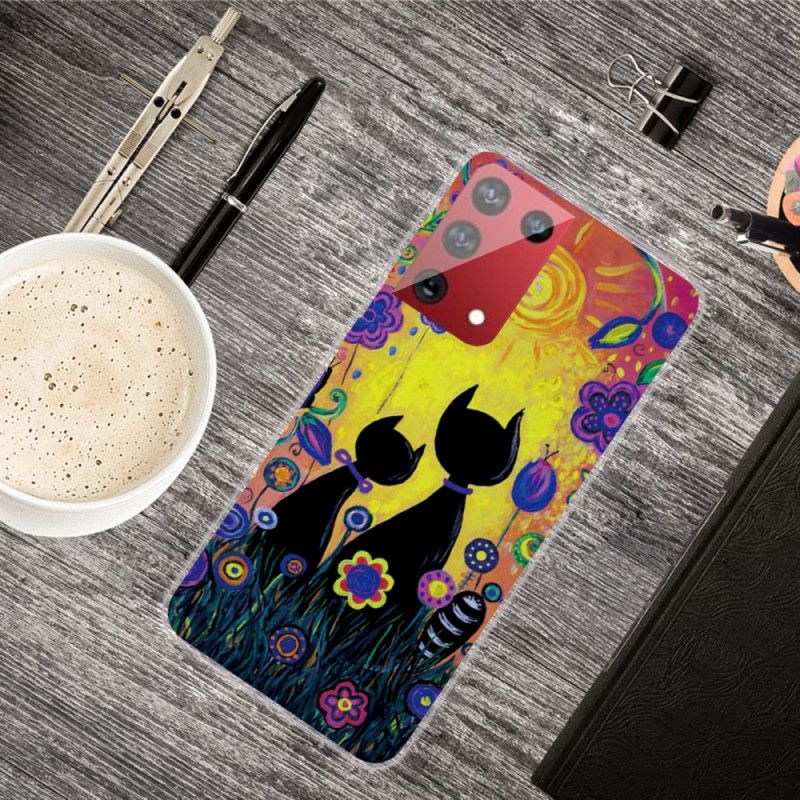 Case Hoesje Samsung Galaxy S21 Ultra 5G Lichtblauw Geel Telefoonhoesje Tekenfilmkat