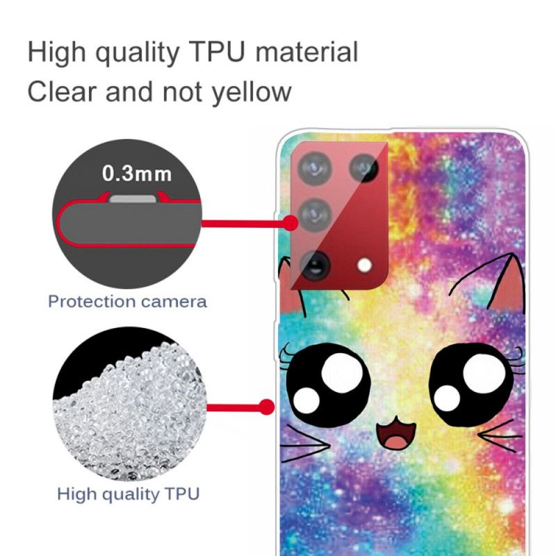 Case Hoesje Samsung Galaxy S21 Ultra 5G Lichtblauw Geel Telefoonhoesje Tekenfilmkat
