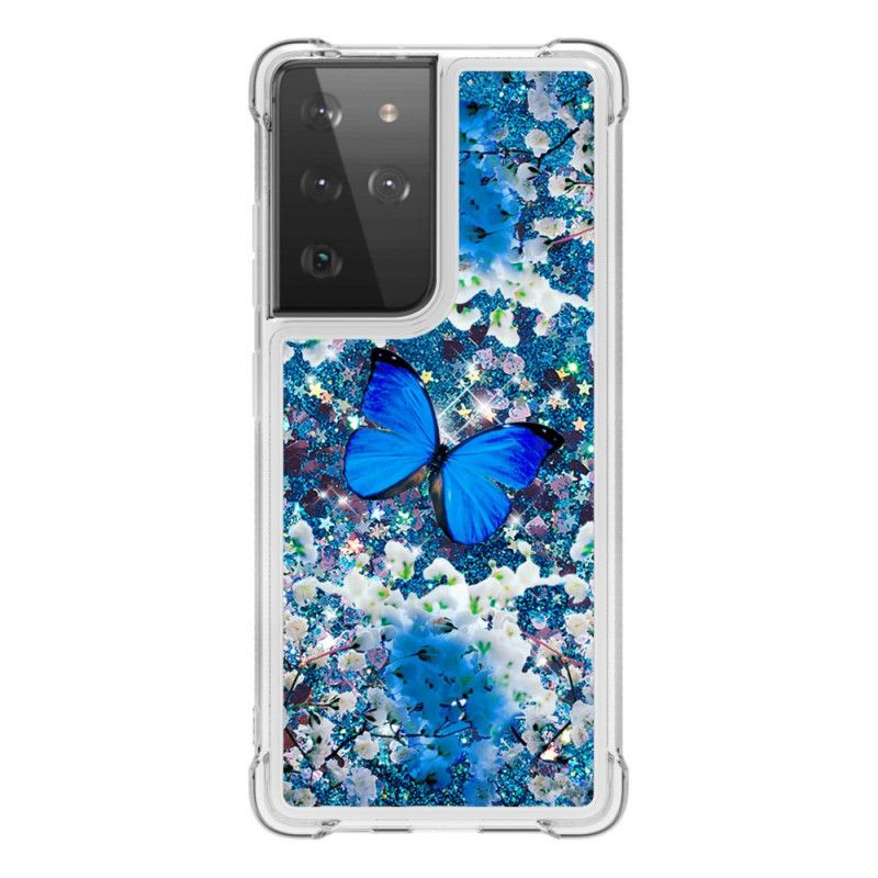 Case Hoesje Samsung Galaxy S21 Ultra 5G Telefoonhoesje Blauwe Glittervlinders