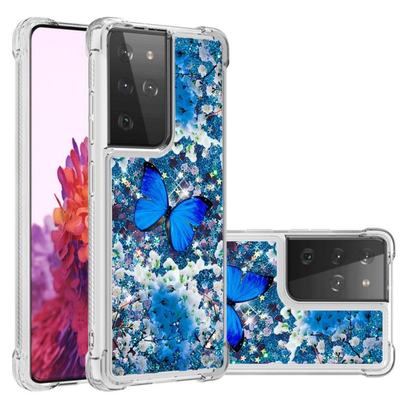 Case Hoesje Samsung Galaxy S21 Ultra 5G Telefoonhoesje Blauwe Glittervlinders