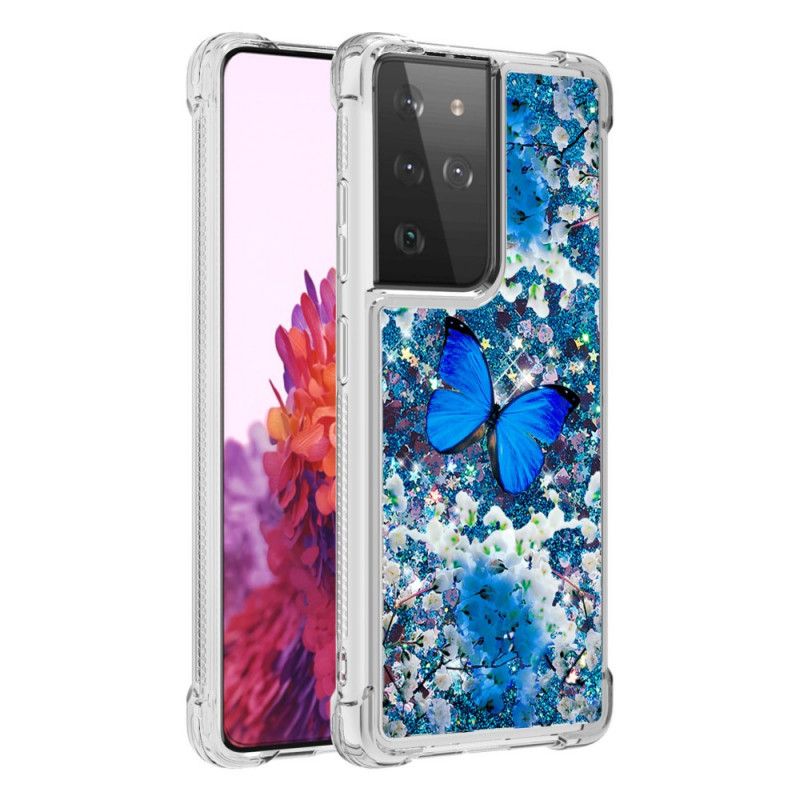 Case Hoesje Samsung Galaxy S21 Ultra 5G Telefoonhoesje Blauwe Glittervlinders