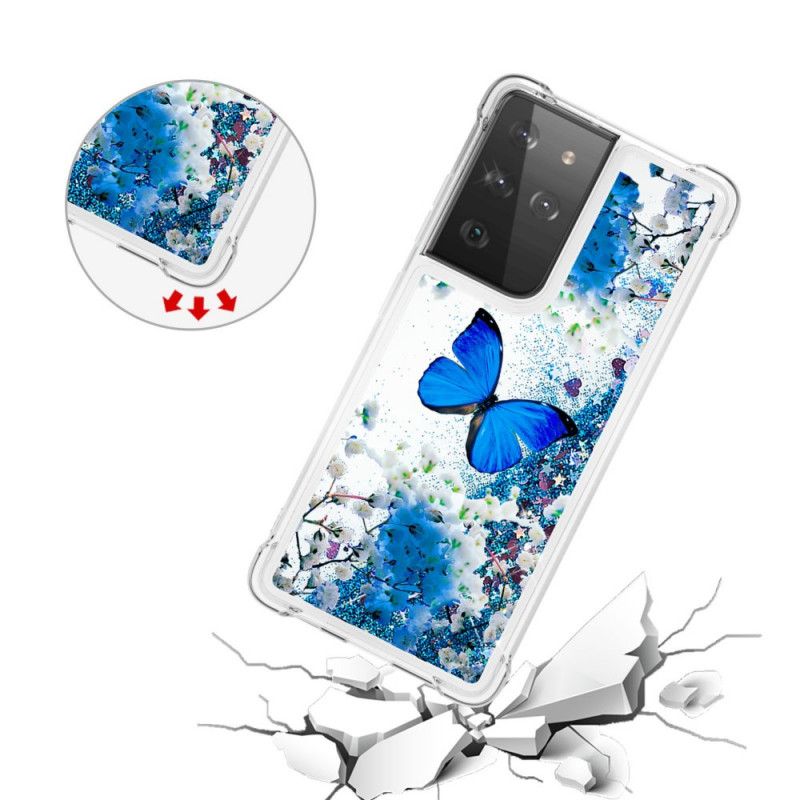 Case Hoesje Samsung Galaxy S21 Ultra 5G Telefoonhoesje Blauwe Glittervlinders