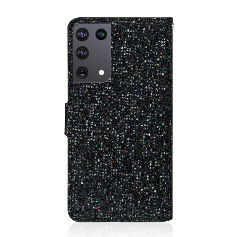 Cover Folio-hoesje Samsung Galaxy S21 Ultra 5G Donkerblauw Zwart Telefoonhoesje Ontwerp Met Glitter
