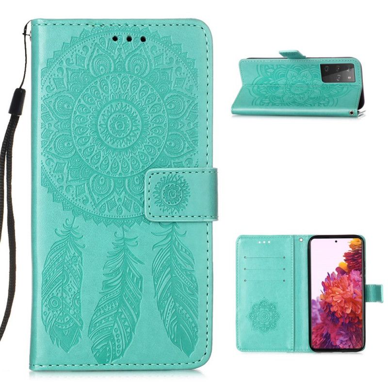 Cover Folio-hoesje Samsung Galaxy S21 Ultra 5G Grijs Zwart Telefoonhoesje Dromenvanger Print En Riem