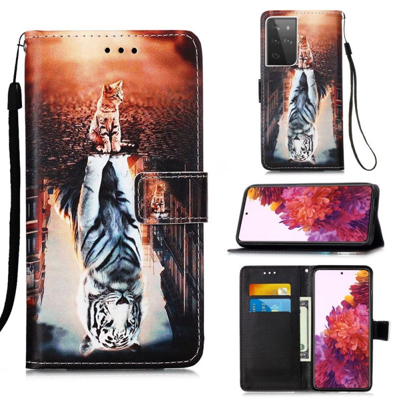 Cover Folio-hoesje Samsung Galaxy S21 Ultra 5G Oranje Zwart Telefoonhoesje Kitten