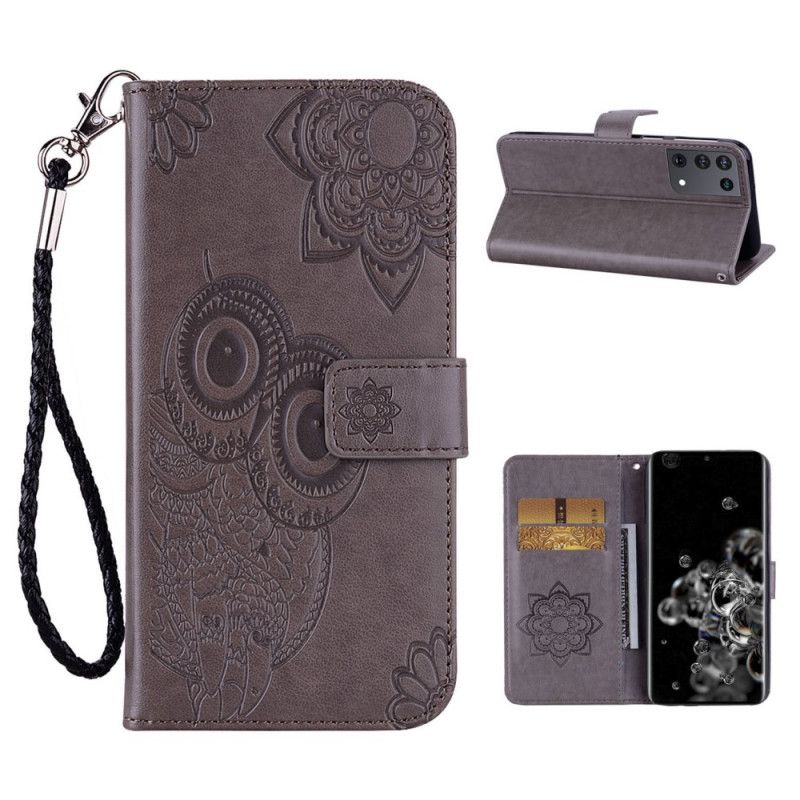 Cover Folio-hoesje Samsung Galaxy S21 Ultra 5G Rood Grijs Telefoonhoesje Uil Mandala