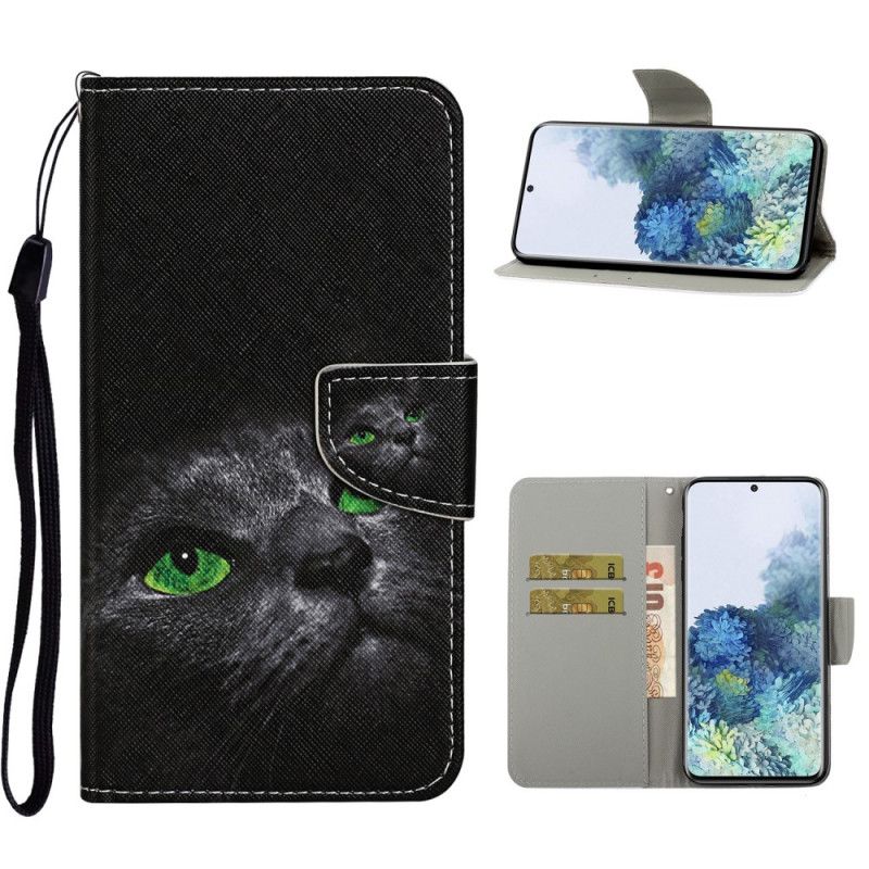 Cover Folio-hoesje Samsung Galaxy S21 Ultra 5G Telefoonhoesje Kat Met Groene Ogen Met String