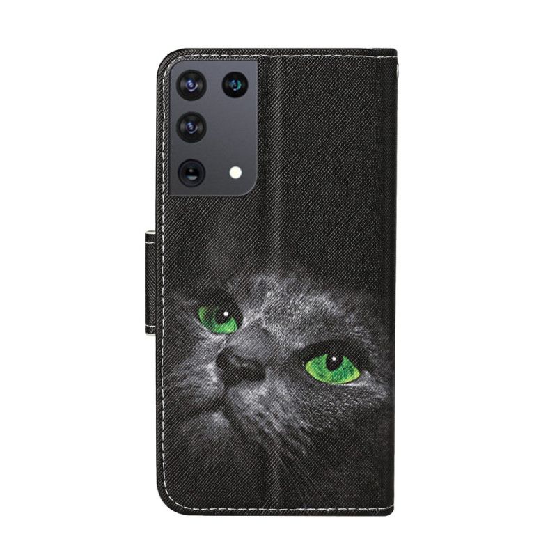 Cover Folio-hoesje Samsung Galaxy S21 Ultra 5G Telefoonhoesje Kat Met Groene Ogen Met String
