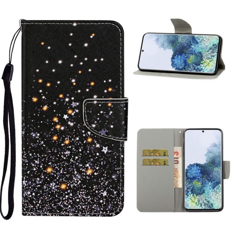 Cover Folio-hoesje Samsung Galaxy S21 Ultra 5G Telefoonhoesje Sterren En Pailletten Met Riempje