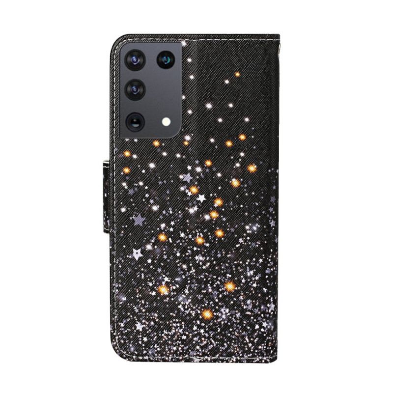 Cover Folio-hoesje Samsung Galaxy S21 Ultra 5G Telefoonhoesje Sterren En Pailletten Met Riempje