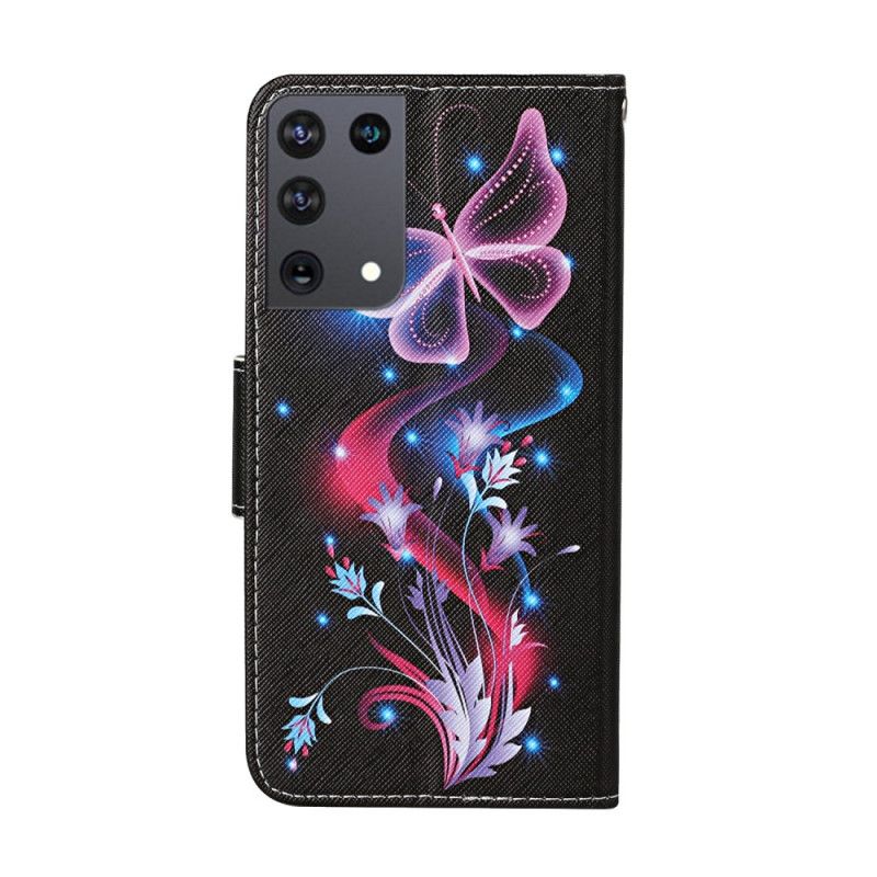 Cover Folio-hoesje Samsung Galaxy S21 Ultra 5G Wit Zwart Telefoonhoesje Vlinders En String