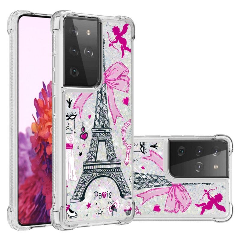 Cover Hoesje Samsung Galaxy S21 Ultra 5G Telefoonhoesje De Eiffeltoren Glitter