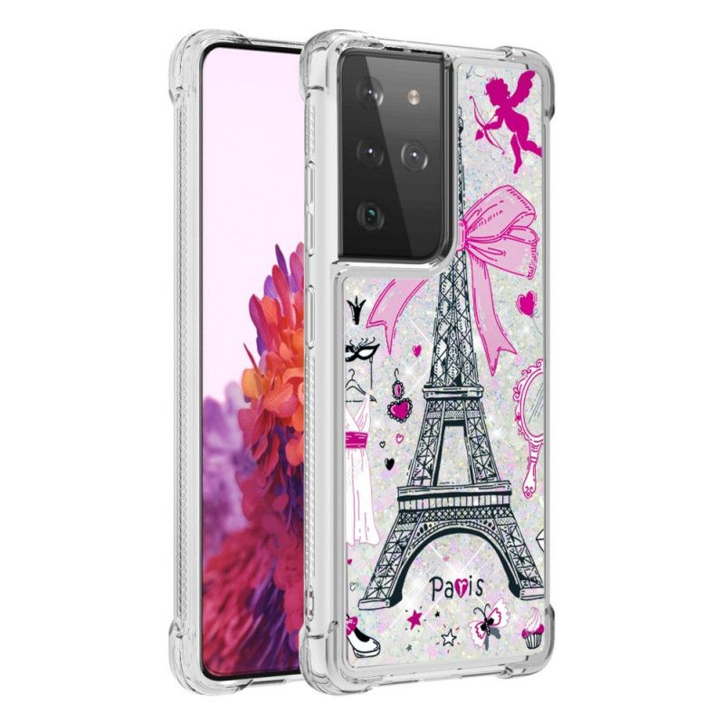 Cover Hoesje Samsung Galaxy S21 Ultra 5G Telefoonhoesje De Eiffeltoren Glitter
