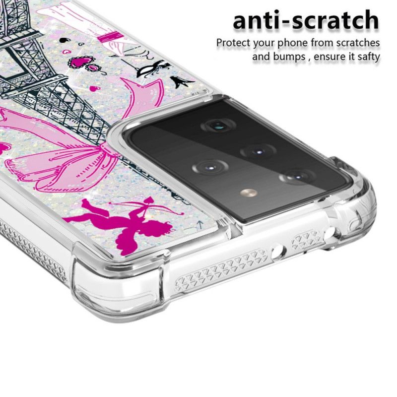 Cover Hoesje Samsung Galaxy S21 Ultra 5G Telefoonhoesje De Eiffeltoren Glitter