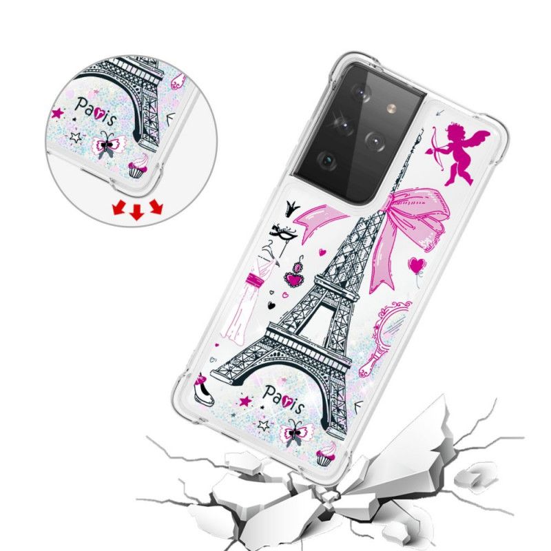 Cover Hoesje Samsung Galaxy S21 Ultra 5G Telefoonhoesje De Eiffeltoren Glitter