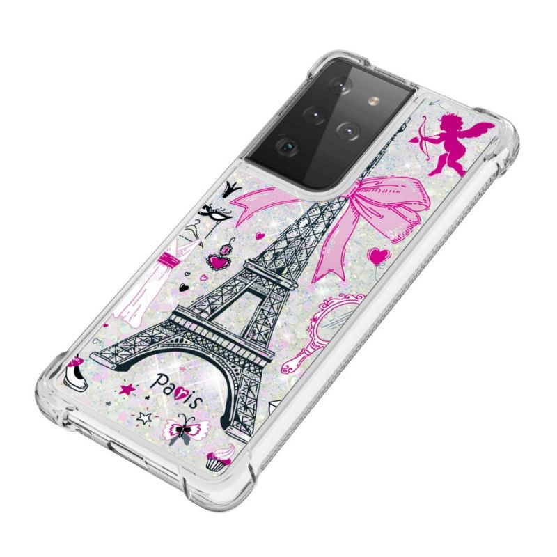 Cover Hoesje Samsung Galaxy S21 Ultra 5G Telefoonhoesje De Eiffeltoren Glitter