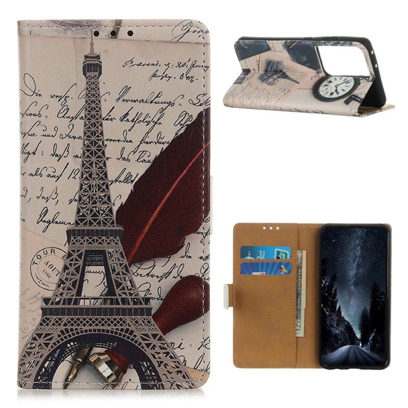 Flip Case Leren Samsung Galaxy S21 Ultra 5G Bruin Grijs Eiffeltoren