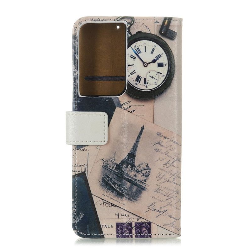 Flip Case Leren Samsung Galaxy S21 Ultra 5G Bruin Grijs Eiffeltoren