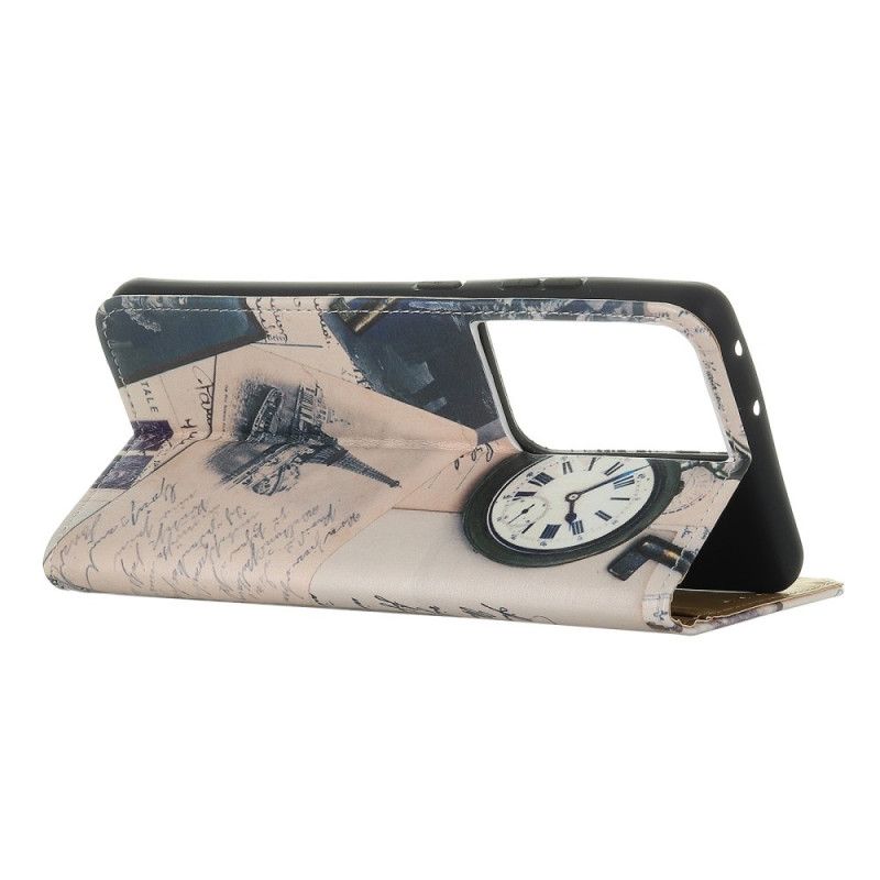 Flip Case Leren Samsung Galaxy S21 Ultra 5G Bruin Grijs Eiffeltoren