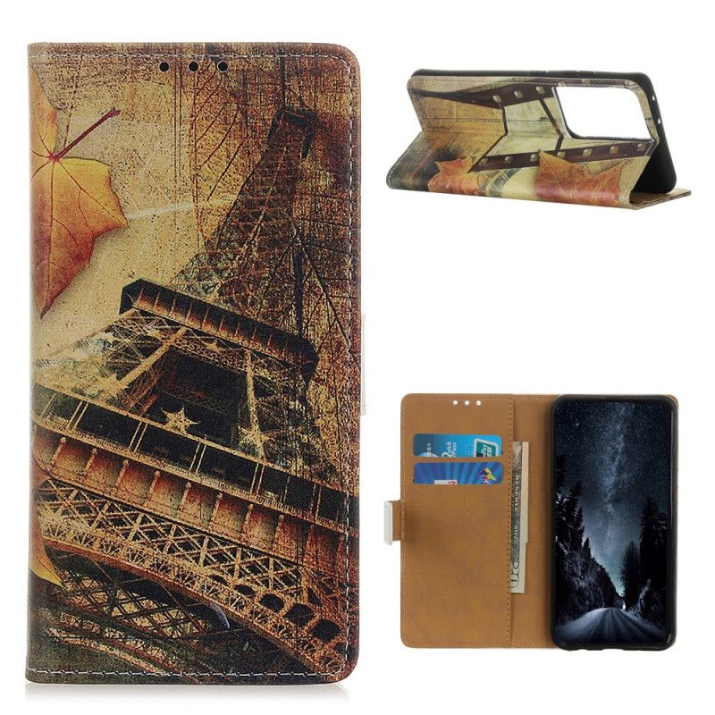 Flip Case Leren Samsung Galaxy S21 Ultra 5G Bruin Grijs Eiffeltoren