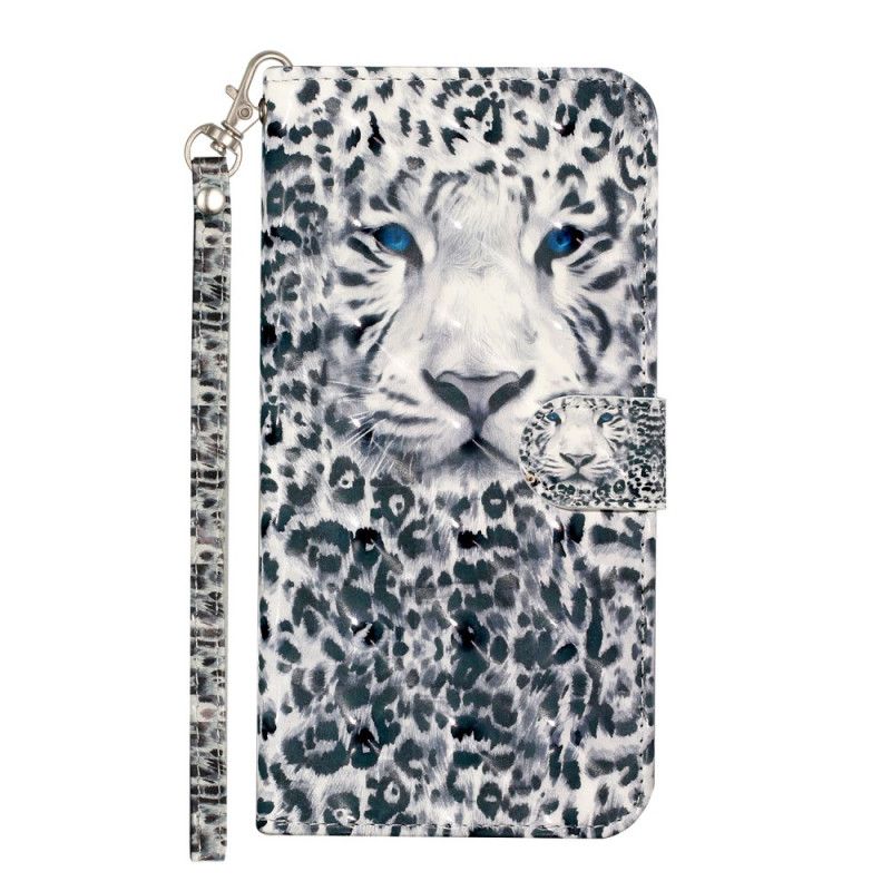 Flip Case Leren Samsung Galaxy S21 Ultra 5G Grijs Wit Luipaardlichtvlekjes Met Riempje