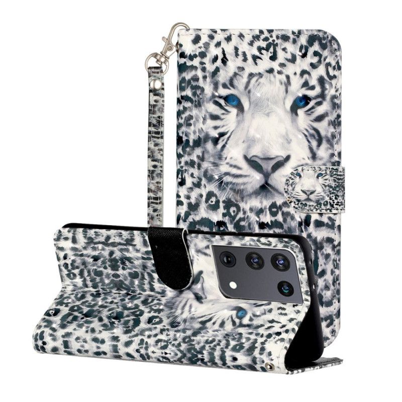 Flip Case Leren Samsung Galaxy S21 Ultra 5G Grijs Wit Luipaardlichtvlekjes Met Riempje