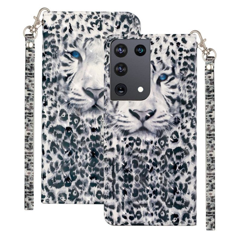 Flip Case Leren Samsung Galaxy S21 Ultra 5G Grijs Wit Luipaardlichtvlekjes Met Riempje
