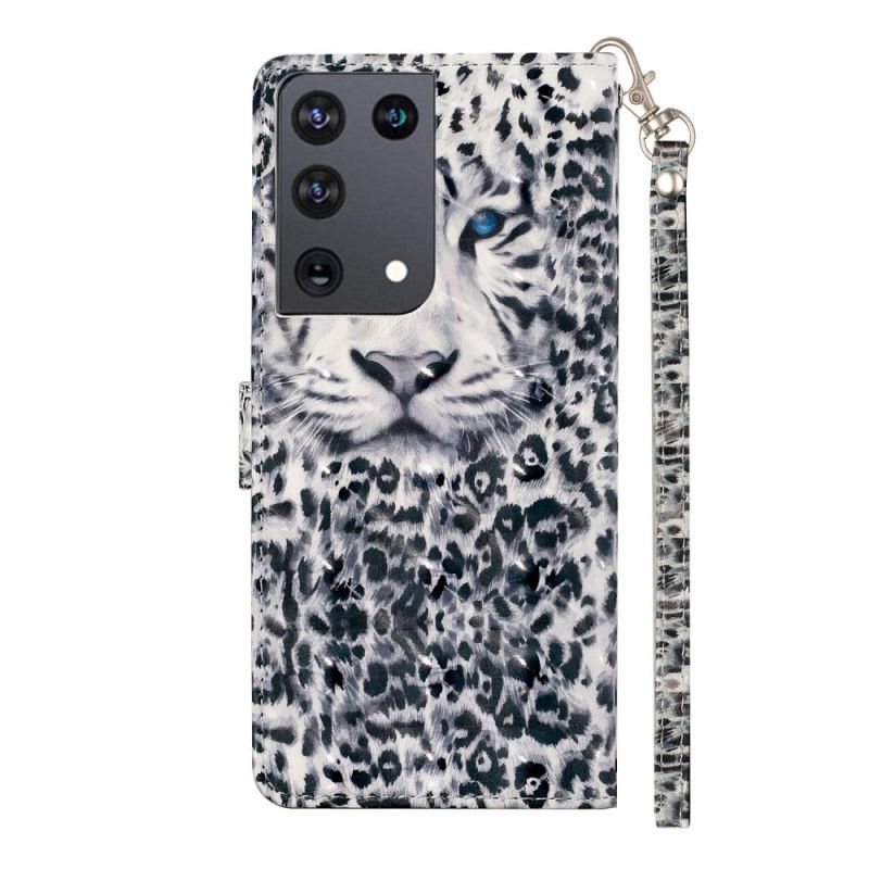 Flip Case Leren Samsung Galaxy S21 Ultra 5G Grijs Wit Luipaardlichtvlekjes Met Riempje