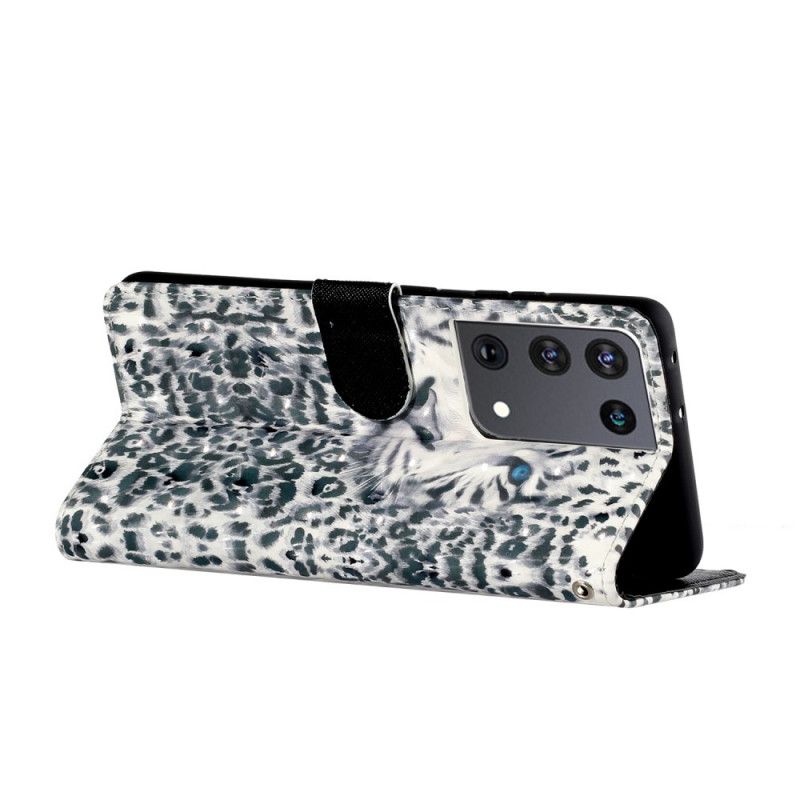 Flip Case Leren Samsung Galaxy S21 Ultra 5G Grijs Wit Luipaardlichtvlekjes Met Riempje