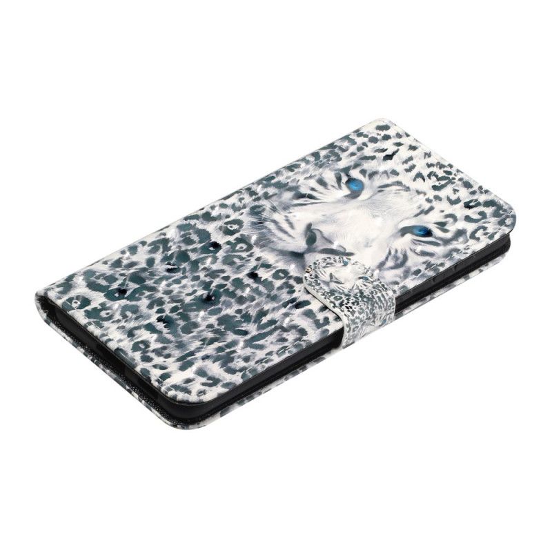 Flip Case Leren Samsung Galaxy S21 Ultra 5G Grijs Wit Luipaardlichtvlekjes Met Riempje