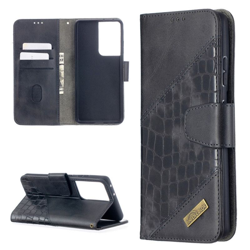 Flip Case Leren Samsung Galaxy S21 Ultra 5G Grijs Zwart Klassiek Krokodillenleer-Effect