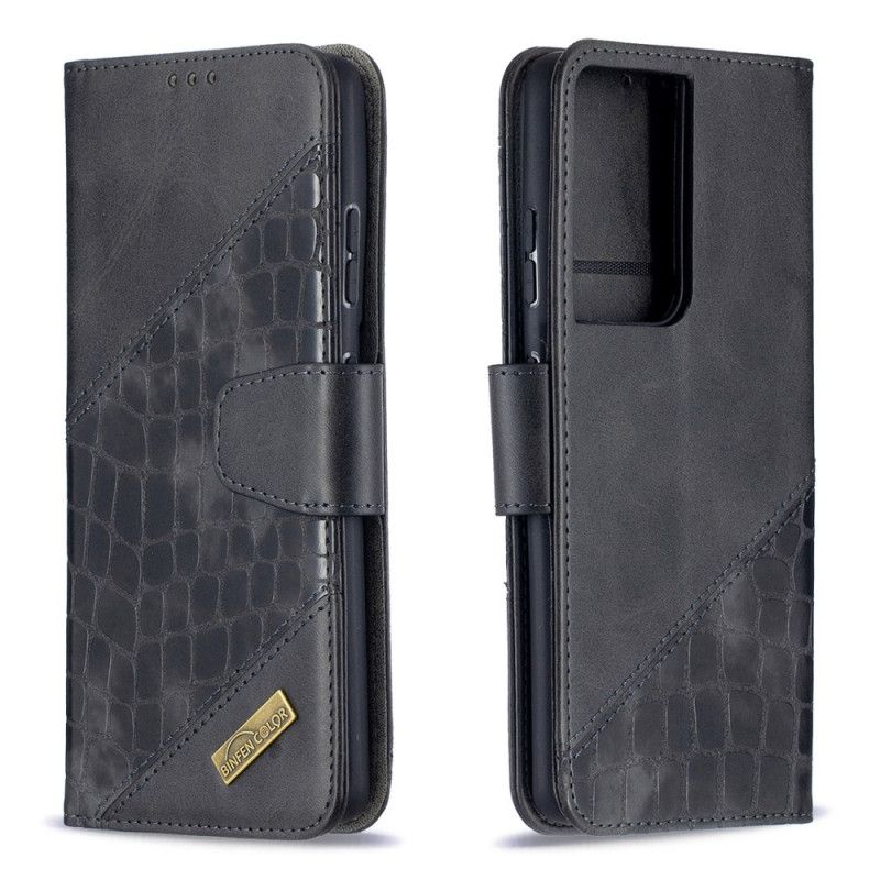 Flip Case Leren Samsung Galaxy S21 Ultra 5G Grijs Zwart Klassiek Krokodillenleer-Effect