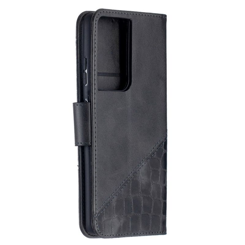 Flip Case Leren Samsung Galaxy S21 Ultra 5G Grijs Zwart Klassiek Krokodillenleer-Effect