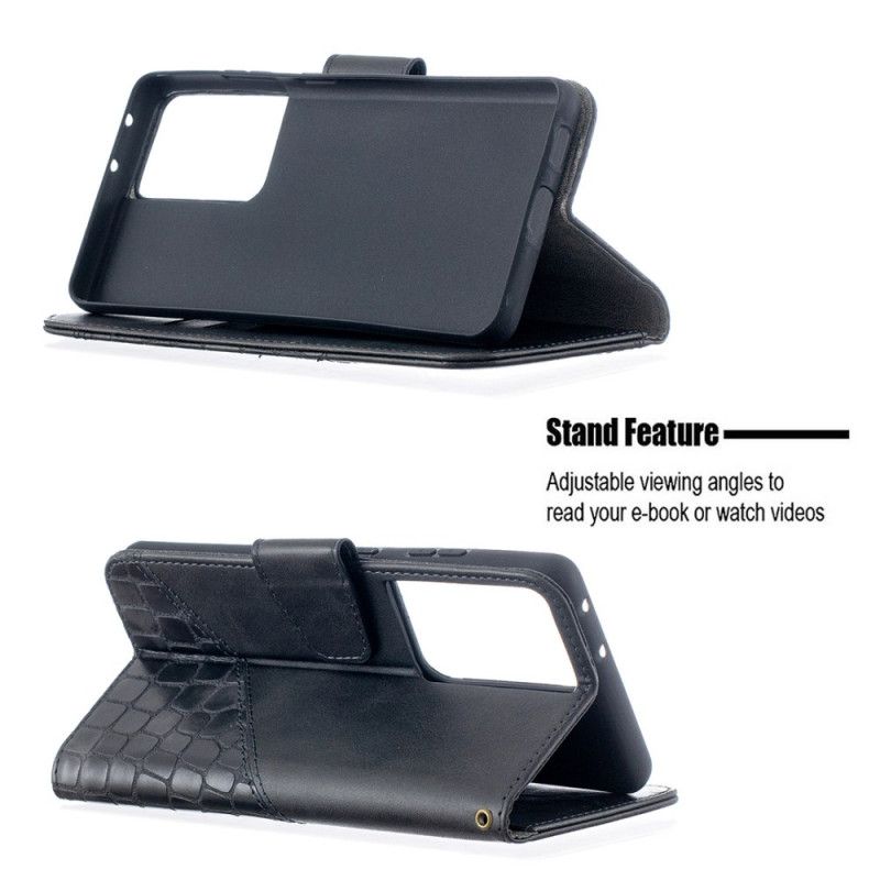 Flip Case Leren Samsung Galaxy S21 Ultra 5G Grijs Zwart Klassiek Krokodillenleer-Effect