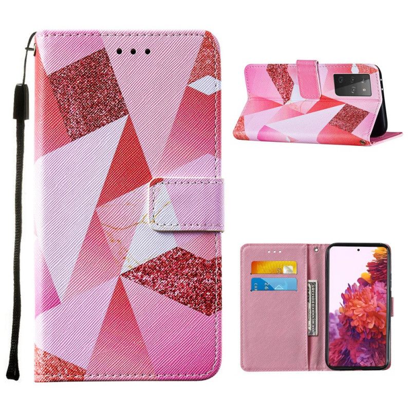 Flip Case Leren Samsung Galaxy S21 Ultra 5G Magenta Driehoeken En Glitter