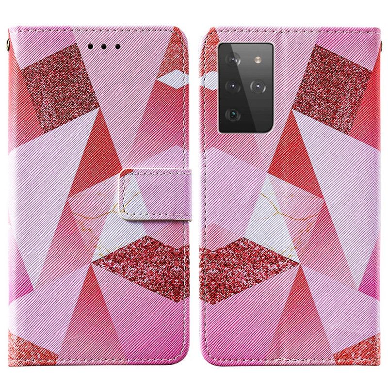 Flip Case Leren Samsung Galaxy S21 Ultra 5G Magenta Driehoeken En Glitter