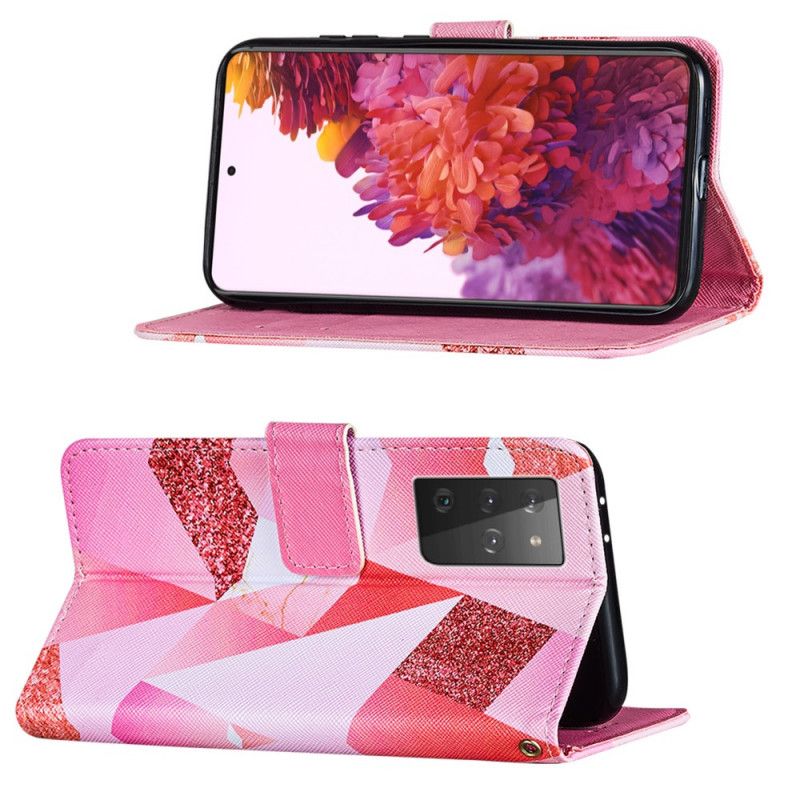 Flip Case Leren Samsung Galaxy S21 Ultra 5G Magenta Driehoeken En Glitter
