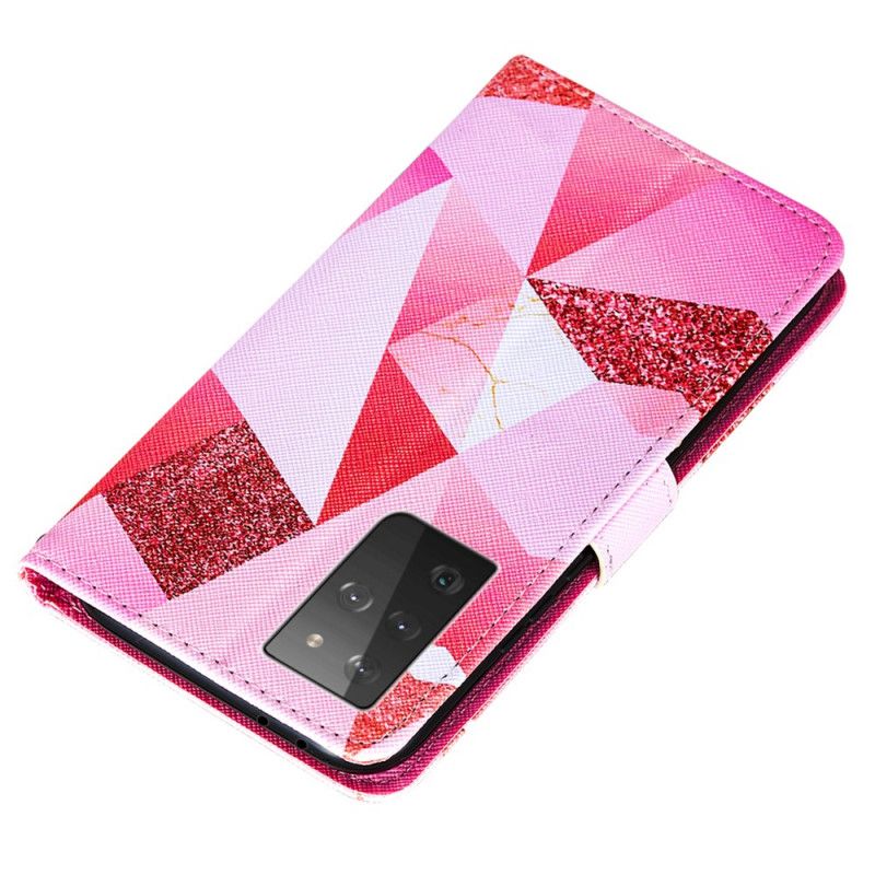 Flip Case Leren Samsung Galaxy S21 Ultra 5G Magenta Driehoeken En Glitter