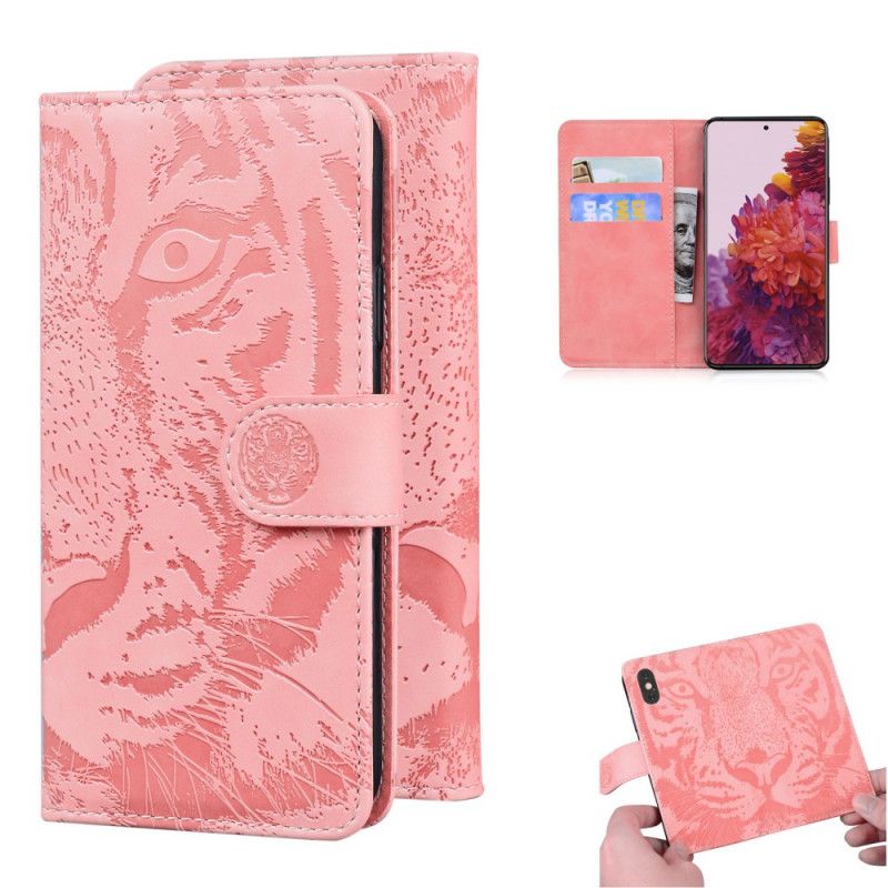 Flip Case Leren Samsung Galaxy S21 Ultra 5G Rood Zwart Tijgergezicht Print
