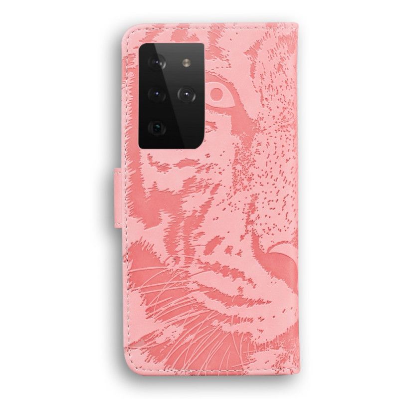 Flip Case Leren Samsung Galaxy S21 Ultra 5G Rood Zwart Tijgergezicht Print