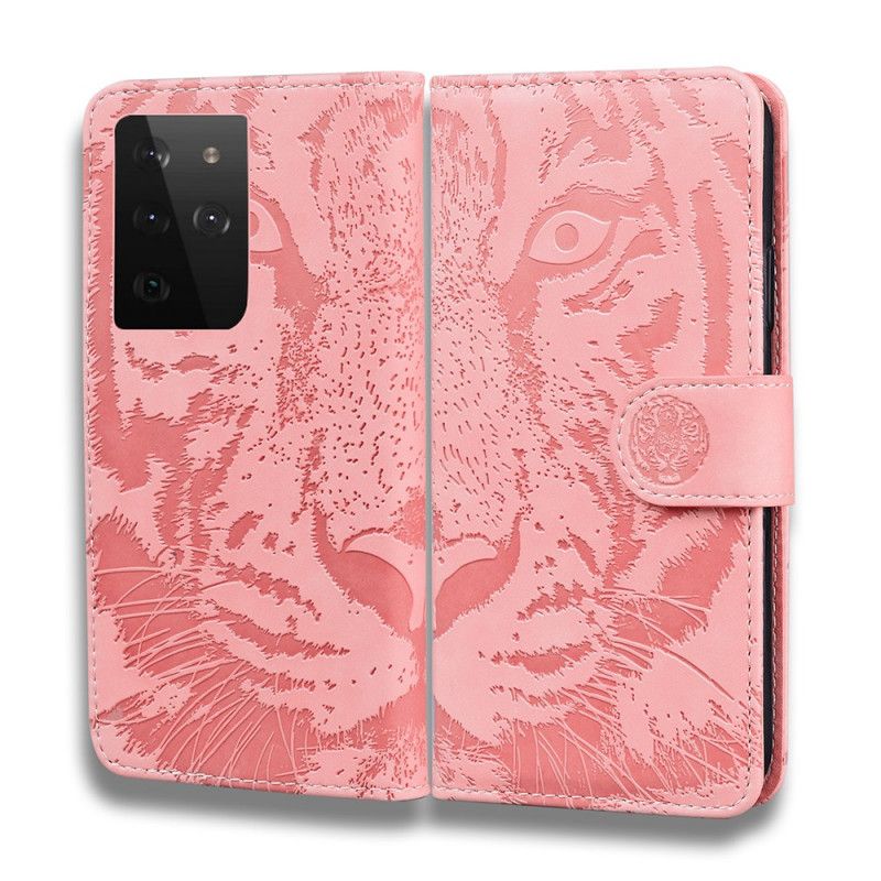 Flip Case Leren Samsung Galaxy S21 Ultra 5G Rood Zwart Tijgergezicht Print