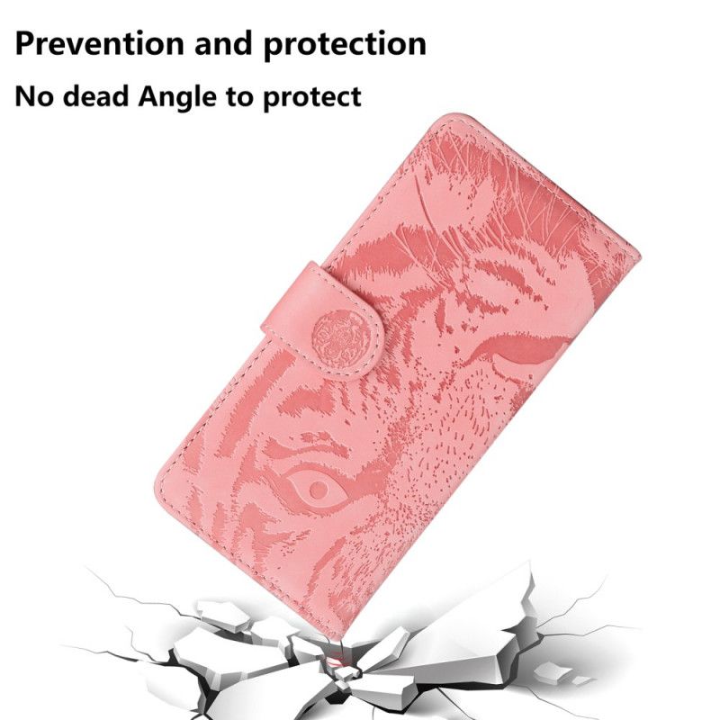 Flip Case Leren Samsung Galaxy S21 Ultra 5G Rood Zwart Tijgergezicht Print