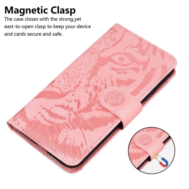 Flip Case Leren Samsung Galaxy S21 Ultra 5G Rood Zwart Tijgergezicht Print