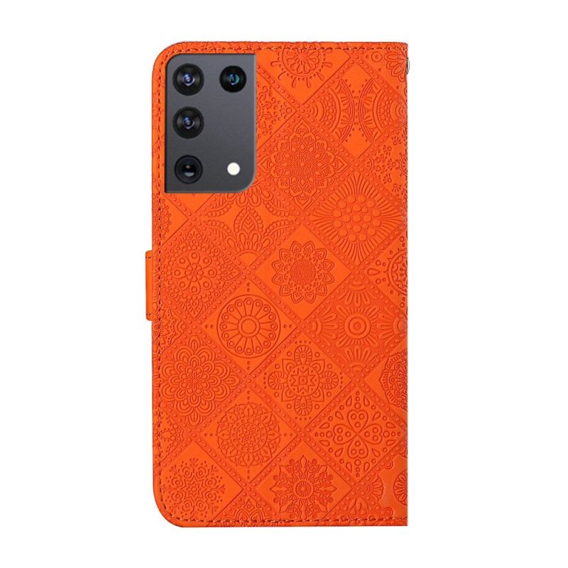 Flip Case Leren Samsung Galaxy S21 Ultra 5G Wit Zwart Tapijtpatroon